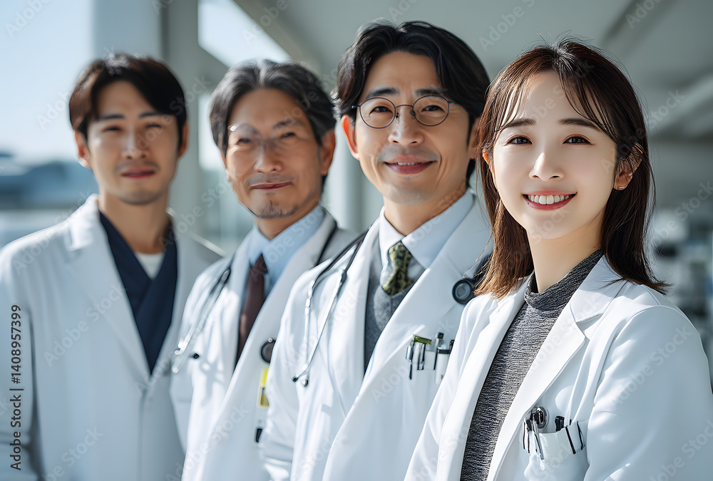 Four Japanese doctors, standing in a line, smiling and looking towards the camera. The background is white with light blue highlights. Four Japanese doctors, standing in a line, smiling and looking towards the camera. The background is white with light blue highlights.