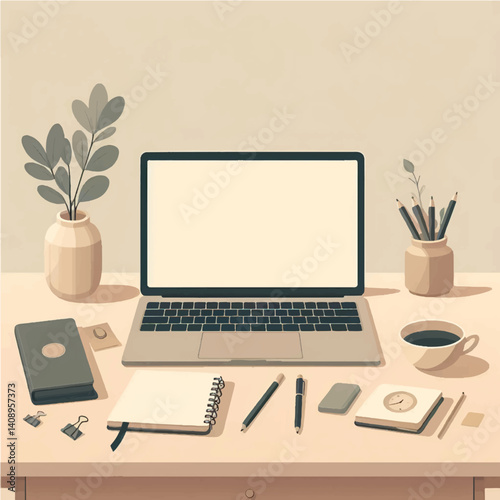 Simple flat vector showing a clean desk with laptop, notes, and tea. Ideal for productivity, office lifestyle, and minimal work scenes.

