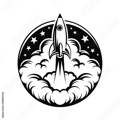 Rocket Launching Smoke Trails in Space, Black & White Badge with Stars and Circle