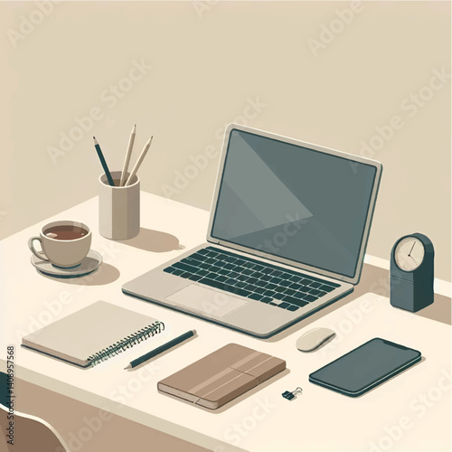 Simple flat vector showing a clean desk with laptop, notes, and tea. Ideal for productivity, office lifestyle, and minimal work scenes.

