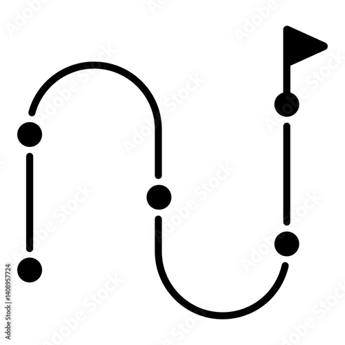 A winding path with multiple milestones leading toward a goal, marked by a flag, symbolizing progress, personal growth, and the journey to success round line vector icon