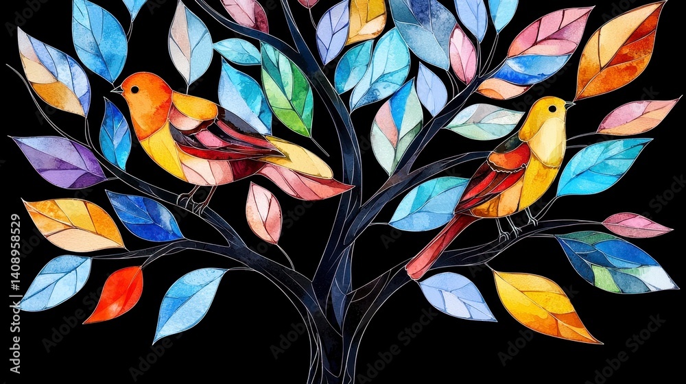 Fototapeta premium Colorful Birds on Vibrant Leafy Tree