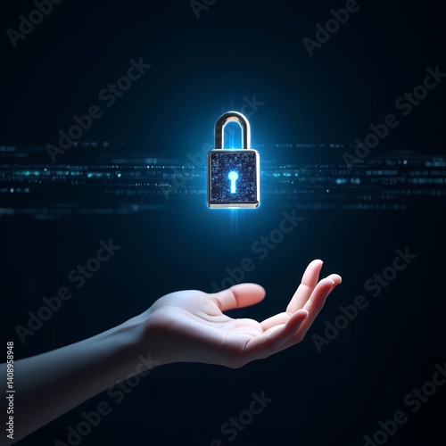 A glowing padlock icon floating above an open human hand, representing data security, privacy protection, and cybersecurity in a digital world. Conceptual AI-generated image.