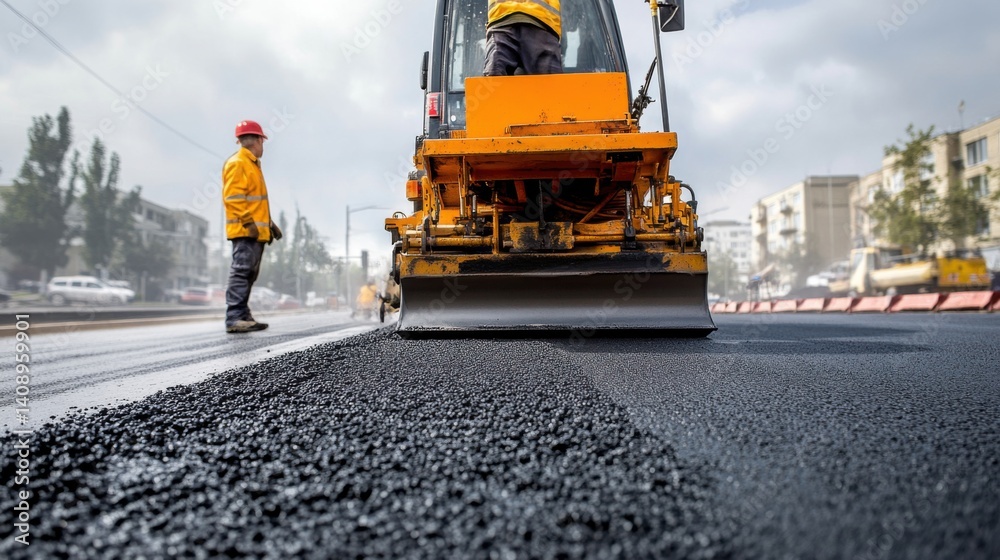 Asphalt paver directing the resurfacing of a busy roadway. Featuring coordination and precision Asphalt paver directing the resurfacing of a busy roadway. Featuring coordination and precision