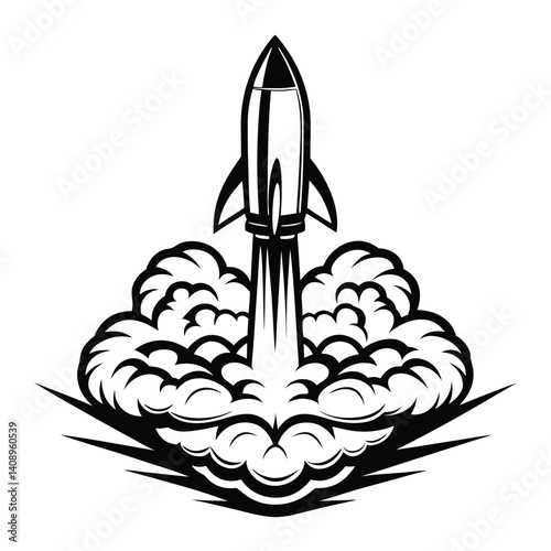 Launching Spaceship with Smoke Trail, Rocket Silhouette on White Background, Black Design