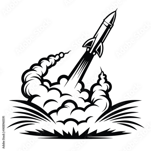 Rocket Launching with Smoke Trail, Black and White Design, Isolated on White