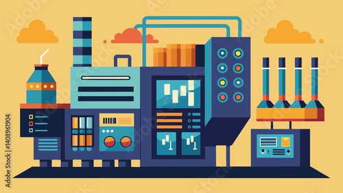 A roomsized machine resembling a cross between a supercomputer and a factory assembly line constantly spitting out data products with aweinspiring precision and speed.. Vector illustration