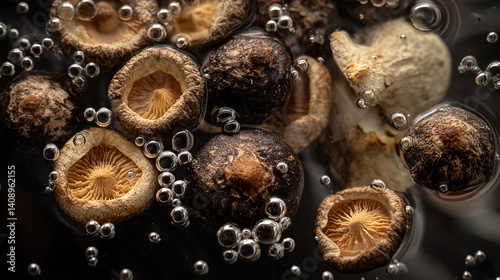 Dried shiitake mushrooms soaking in water for rehydration