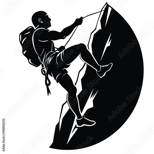 Silhouette Athlete Rock Climbing, Sporty Man Scaling Cliff, Outdoor Extreme Challenge