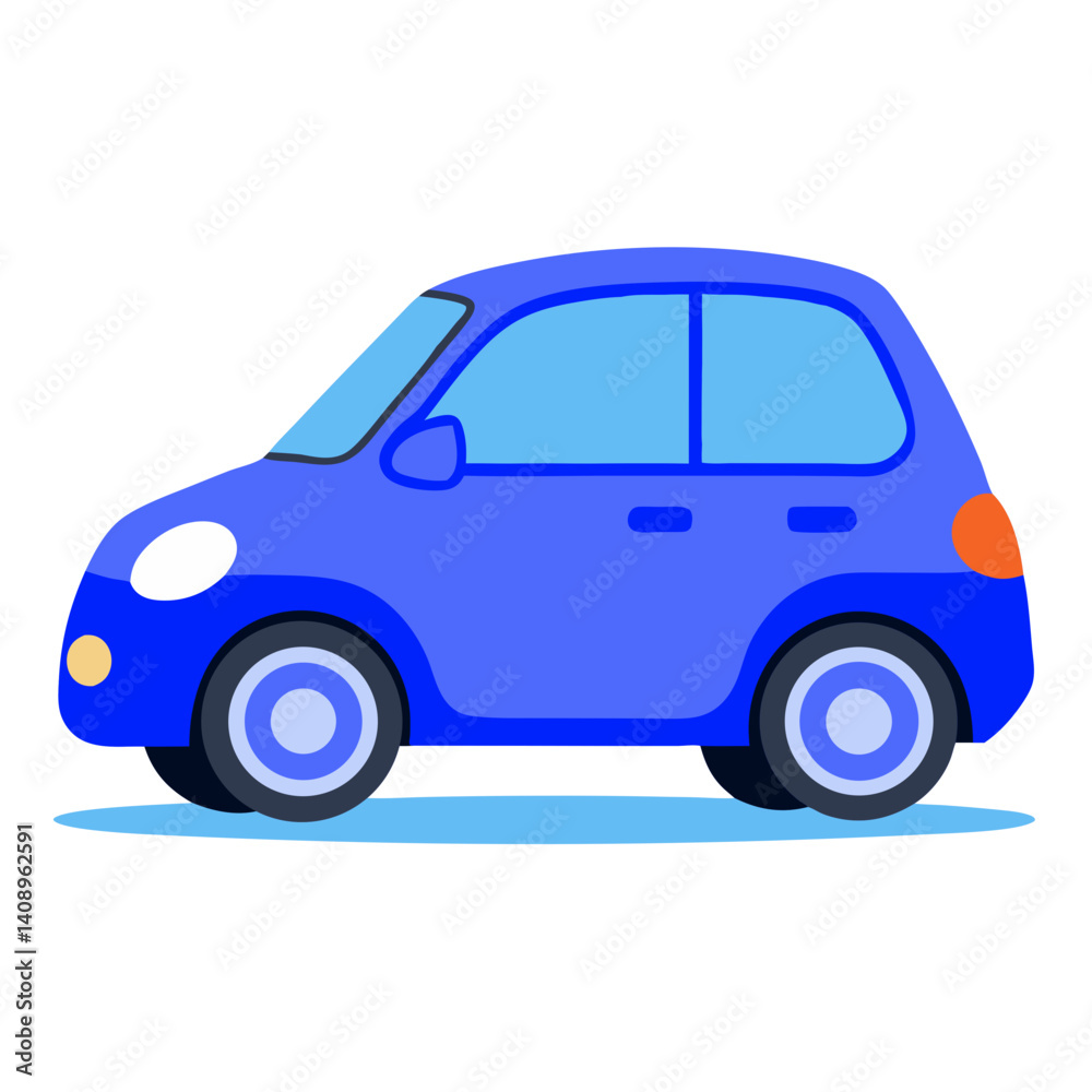 Illustration of a compact blue car with round headlights and a small orange taillight design on white Illustration of a compact blue car with round headlights and a small orange taillight design on white