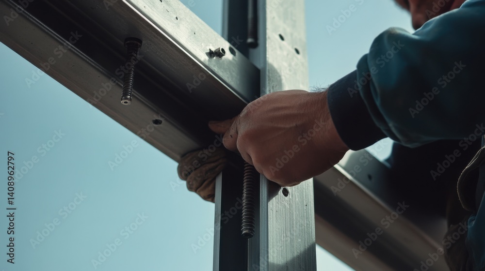 Naklejka premium A construction worker tightening bolts on metal structures. Featuring precision and mechanical work