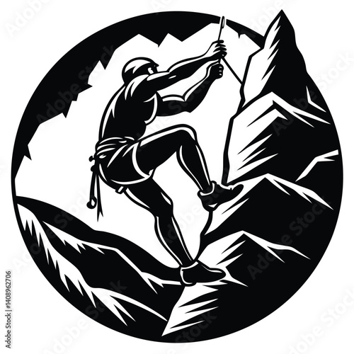 Silhouette of Climber Ascending Cliff with Rope, Isolated Emblem, Monochrome