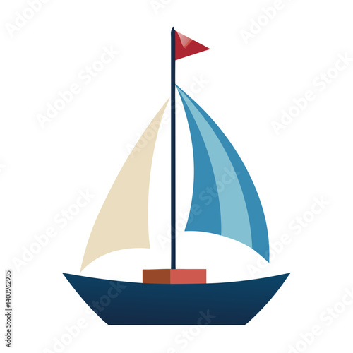 Illustration of a sailboat with a blue hull, two sails, and a red flag on a white background design