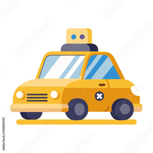 Illustration of a yellow taxi cab with a light on top and simple design elements on a white background