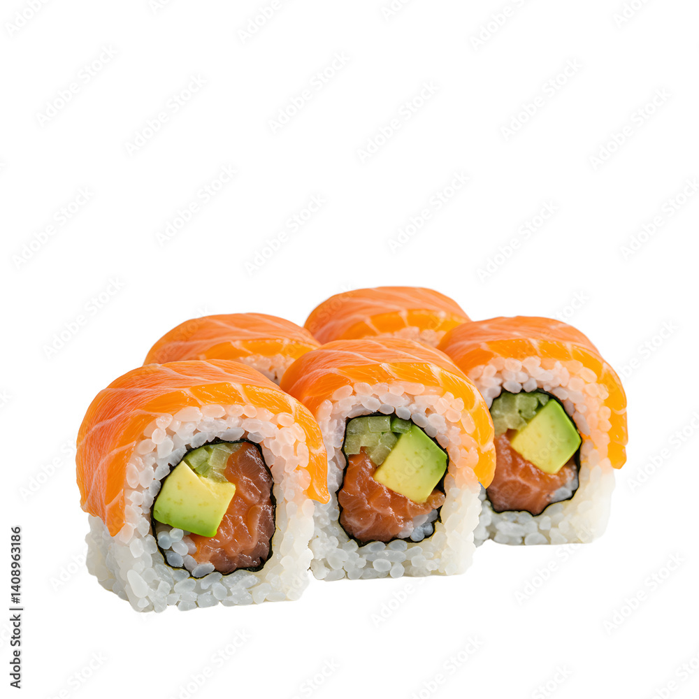 Sushi Rolls with Salmon and Avocado on White Background Sushi Rolls with Salmon and Avocado on White Background