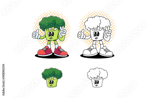 broccoli vegetable retro cartoon character mascot illustration with standing pose and showing peace and thumb up hands for market, farmer, agriculture, restaurant mascots and merchandise