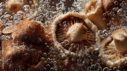 Dried shiitake mushrooms soaking in water for rehydration