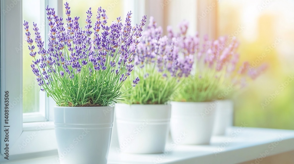 Lavender plants in white pots on a windowsill