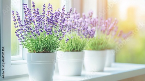 Obraz na płótnie Lavender plants in white pots on a windowsill w salonie