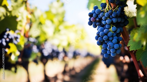 A cluster of ripe, dark purple grapes hangs from a vine, bathed in sunlight. Lush green leaves surround the bunch, creating a vibrant image of a vineyard