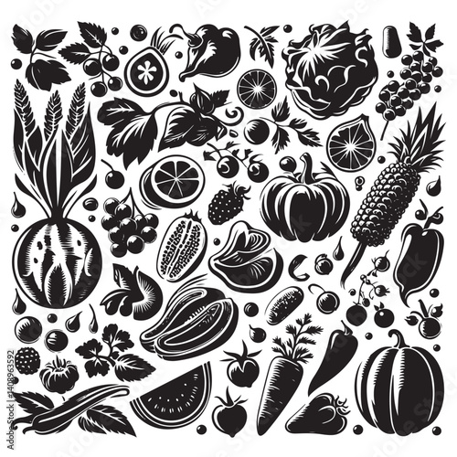 Vegetables, fruits, berries, vector silhouette