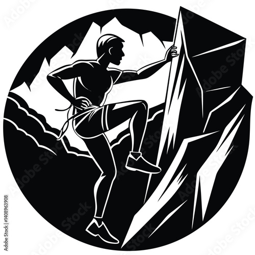 Silhouette Mountain Climber Ascending Peak With Rope, Black and White Circular Design