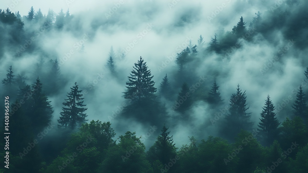 Misty mountaintops shrouded in dense forest. Misty mountaintops shrouded in dense forest.