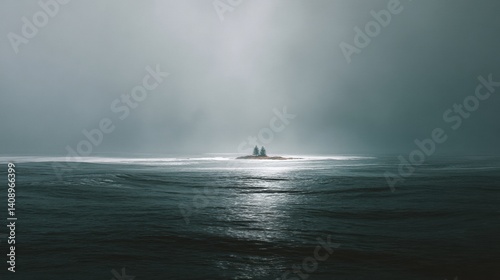 A small island surrounded by vast ocean waters, showcasing natural beauty and tranquility, Hello Summer background.
