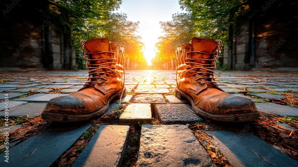 Fototapeta premium Striking close-up of well-worn burnished leather boots resting on a sidewalk surrounded by urban elements and textures