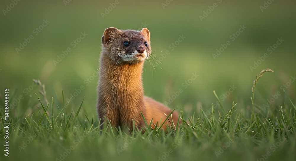 Fototapeta premium Stoat Looking Up in Green Grass Wildlife Scene