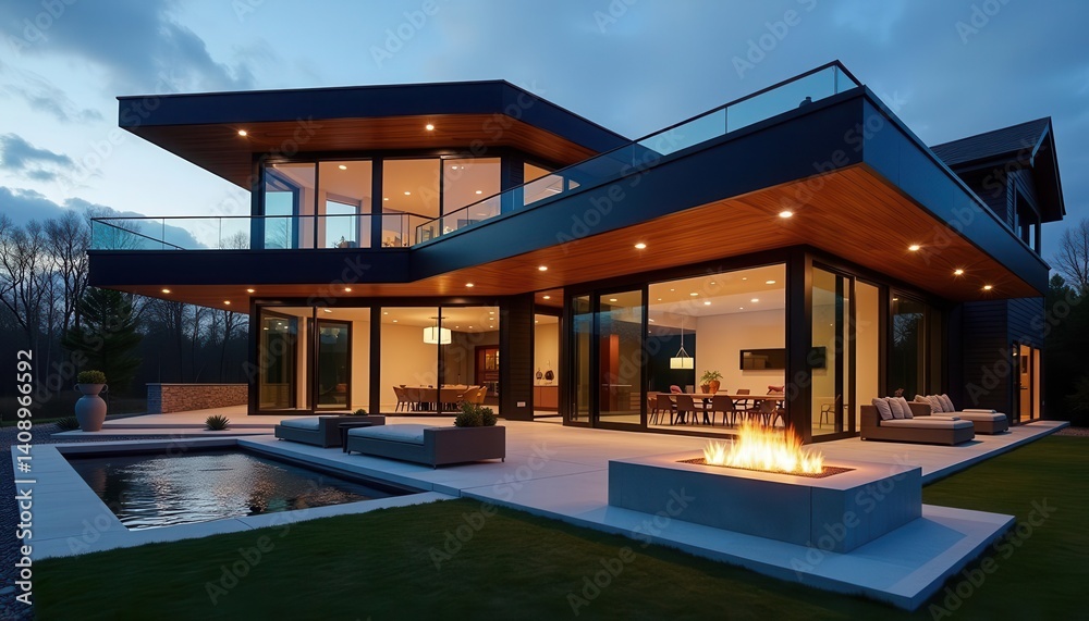 Fototapeta premium Modern architectural masterpiece featuring sleek design, outdoor lighting, and an inviting ambiance at dusk., 3D render.
