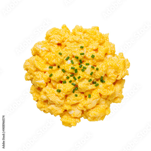 Serving of Scrambled Eggs Topped with Chives on a White Plate