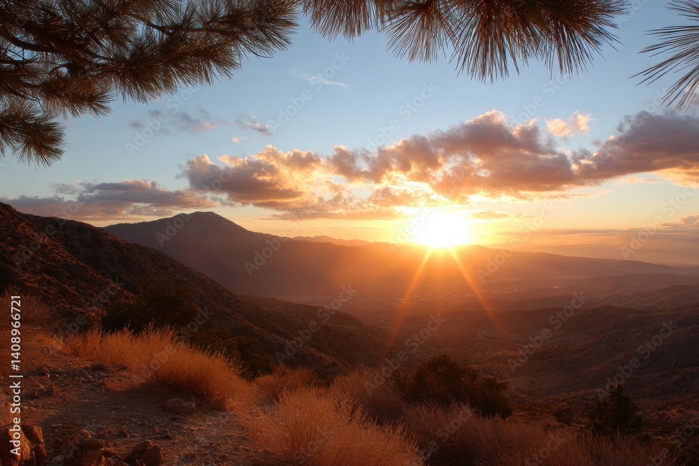 Naklejka premium Aerial view of a sunset illuminating a valley with a solitary pine tree, Hello Summer background.