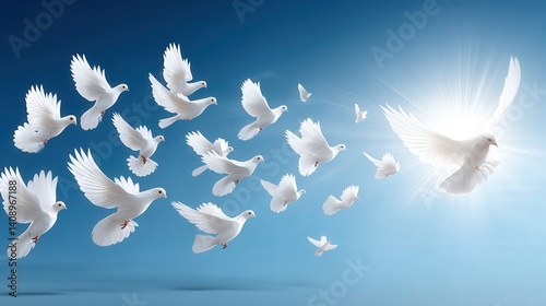 Graceful group of white doves soaring elegantly through the air during a touching ceremony of love and remembrance
