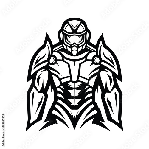 Futuristic Knight Silhouette, Black and White Illustration, Armor Design, Strong Warrior