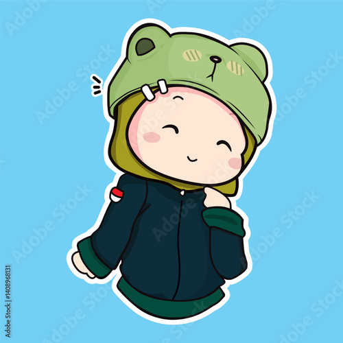 Cute Muslimah Cartoon Illustration with Bear Hat