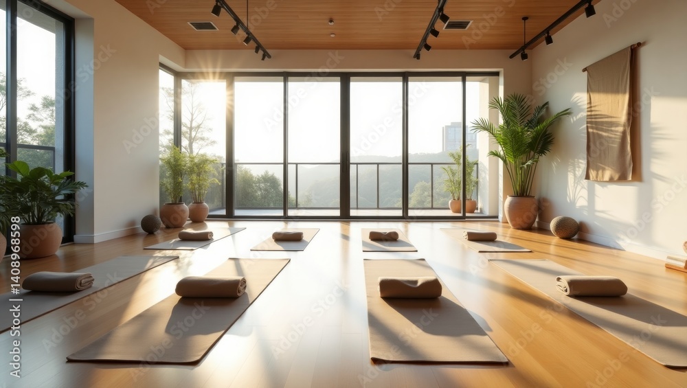 Fototapeta premium Contemporary yoga room with natural light and minimalist design inviting serenity and peaceful practice atmosphere