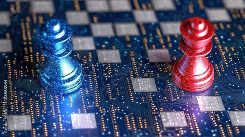Red and blue chess pieces on a chessboard symbolizing semiconductor competition and strategic technological rivalry in the global chip industry  