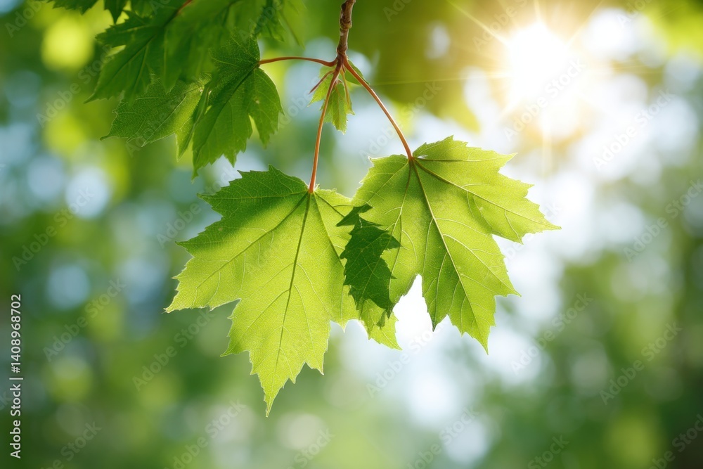 Two leaves dangle from a branch, illuminated by sunlight, showcasing nature's beauty, Hello Summer background. Two leaves dangle from a branch, illuminated by sunlight, showcasing nature's beauty, Hello Summer background.