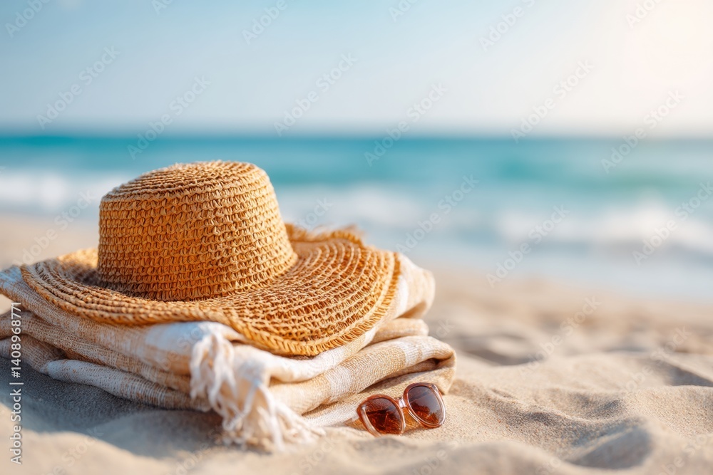 A colorful hat and towel rest on the sand with the ocean waves gently rolling in the background, Hello Summer background.