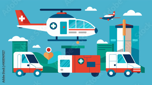 The air taxis were not only used for transportation of personnel but also for transporting valuable medical samples and supplies between different facilities further streamlining. Vector illustration