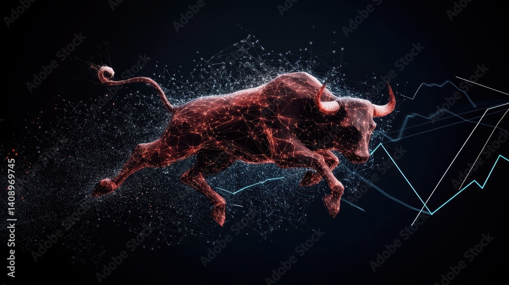 Investment Opportunities Concept. Abstract representation of a bull with a digital design, symbolizing strength and power in a dynamic setting.