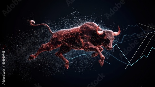 Obraz na płótnie Investment Opportunities Concept. Abstract representation of a bull with a digital design, symbolizing strength and power in a dynamic setting. w salonie