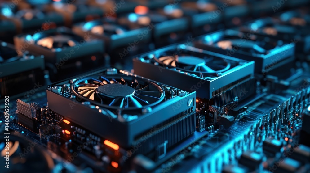 Investment Opportunities Concept. Close-up of computer graphics cards with cooling fans, illuminated by blue lighting, showcasing modern technology and intricate hardware design.