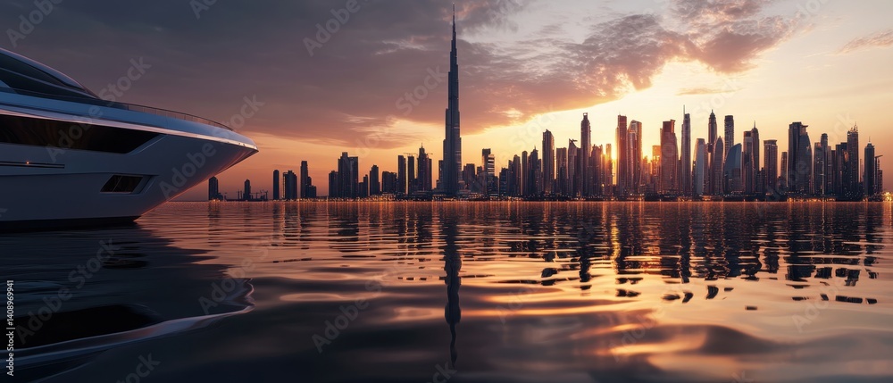 Investment Opportunities Concept. A stunning skyline at sunset with a luxurious yacht in the foreground, reflecting the city lights on the water's surface.