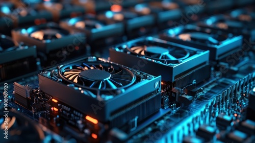 Obraz na płótnie Investment Opportunities Concept. Close-up of computer graphics cards with cooling fans, illuminated by blue lighting, showcasing modern technology and intricate hardware design. w salonie