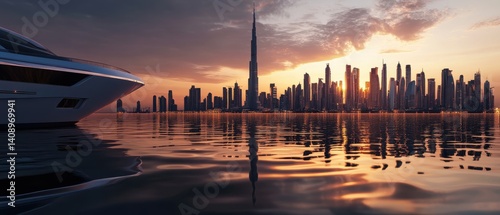 Obraz na płótnie Investment Opportunities Concept. A stunning skyline at sunset with a luxurious yacht in the foreground, reflecting the city lights on the water's surface. w salonie