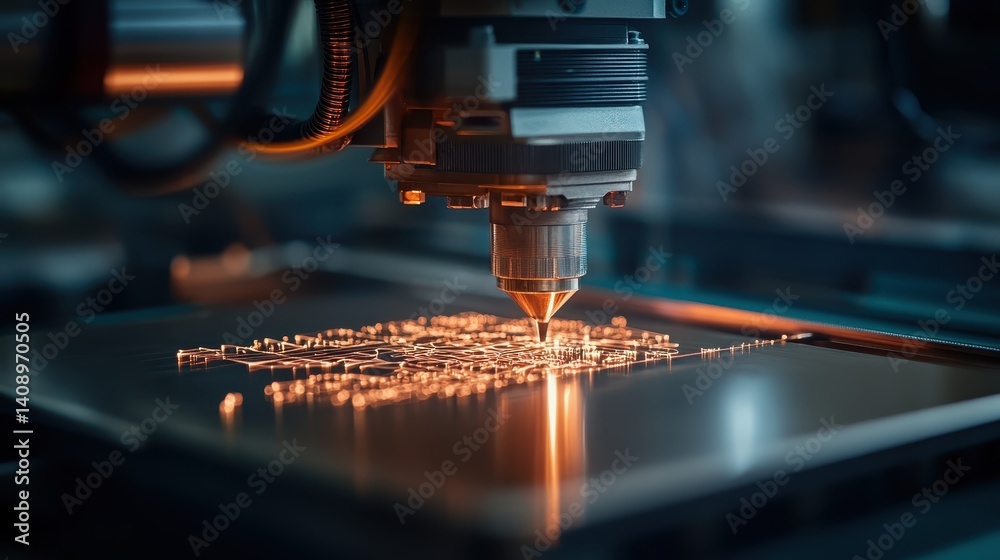 Investment Opportunities Concept. High-tech laser engraving machine in action, creating intricate designs on a metal surface.