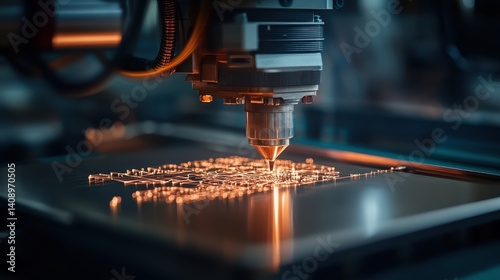 Investment Opportunities Concept. High-tech laser engraving machine in action, creating intricate designs on a metal surface.