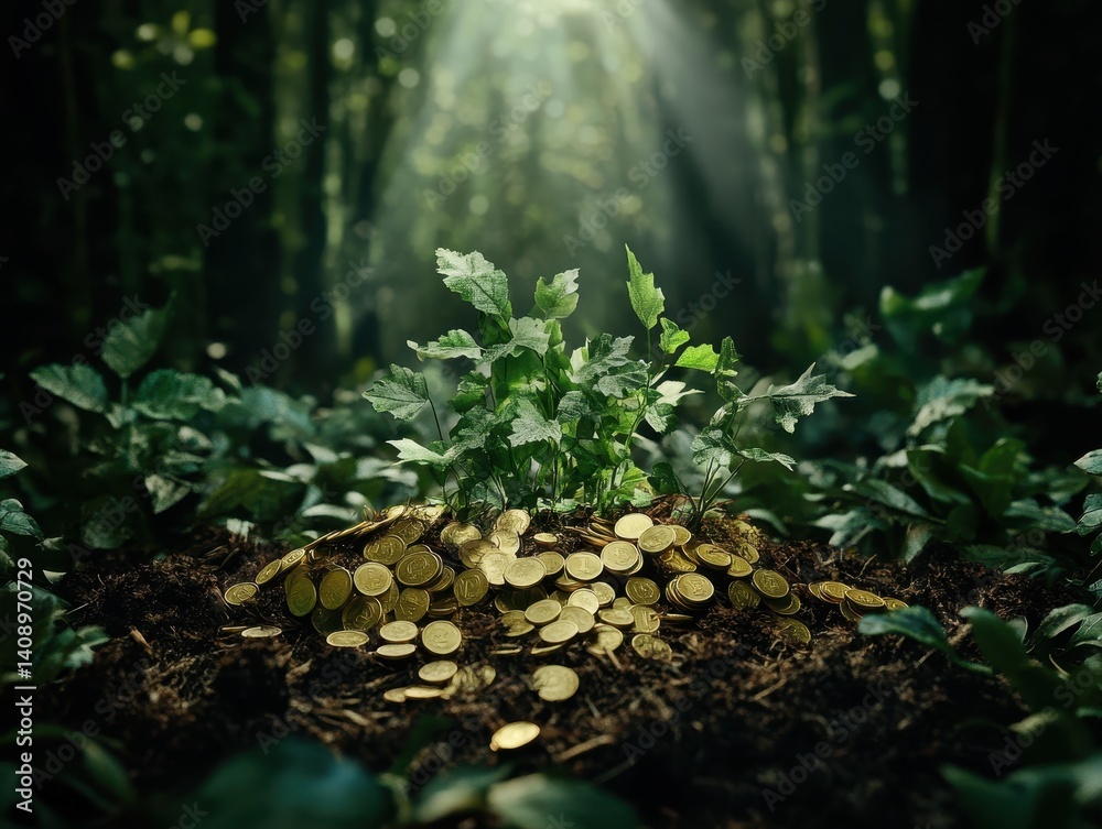 Investment Opportunities Concept. A plant emerges surrounded by coins in a lush, sunlit forest, symbolizing growth and prosperity amidst nature.